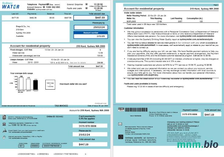 Australia Sydney Water rachunek za usługi komunalne, Word i szablon PDF, 2 strony